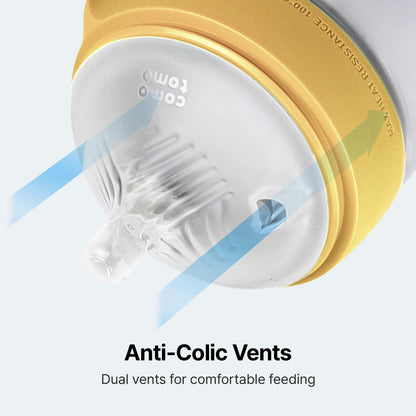 Two pack of Comotomo Gen 2 newborn silicone bottles highlighting the improved stable base design.