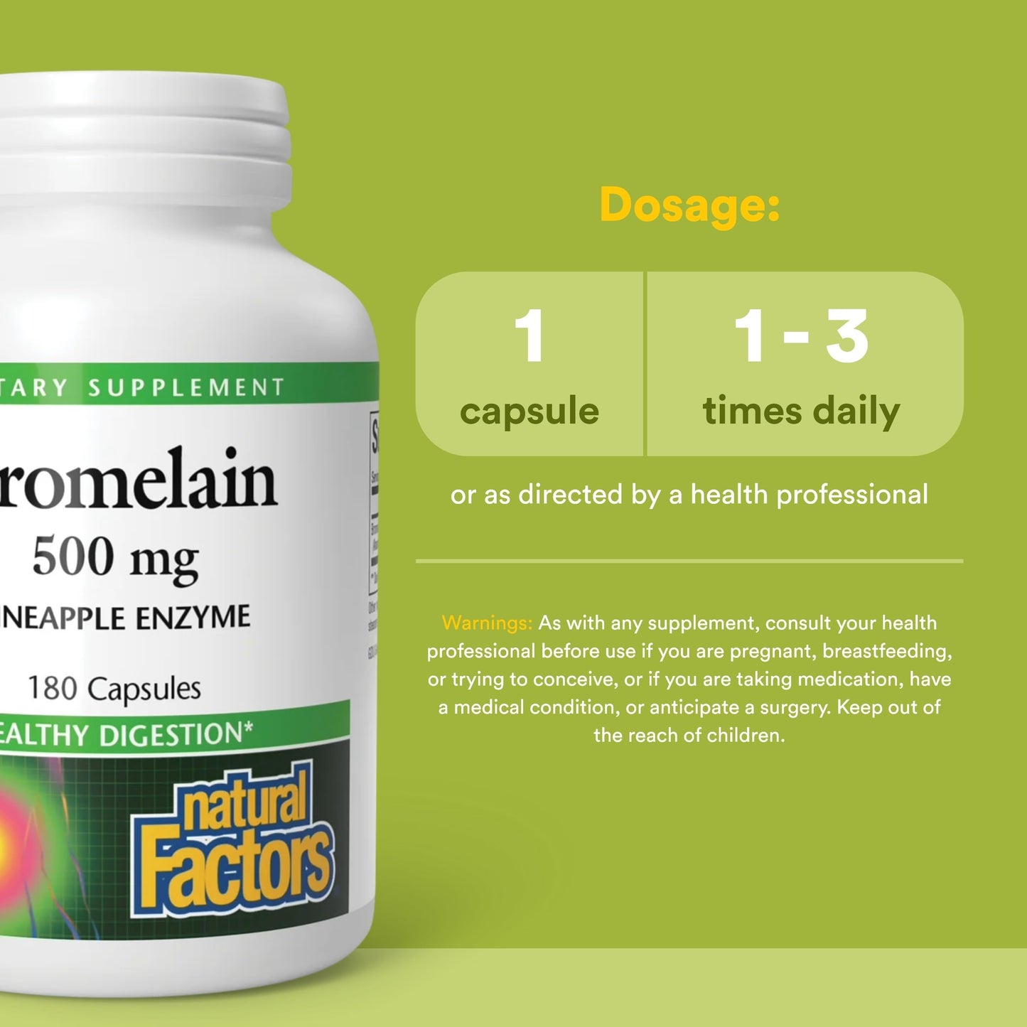 Side view of Natural Factors Bromelain supplement packaging