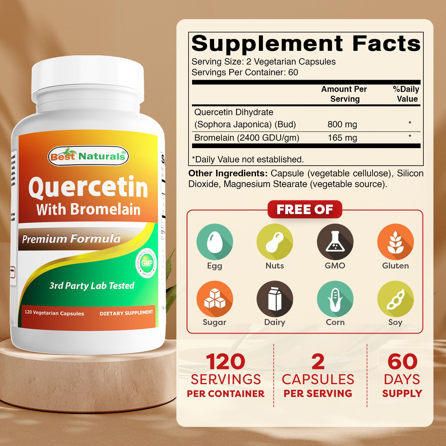 Best Naturals Quercetin with Bromelain supplement bottle label