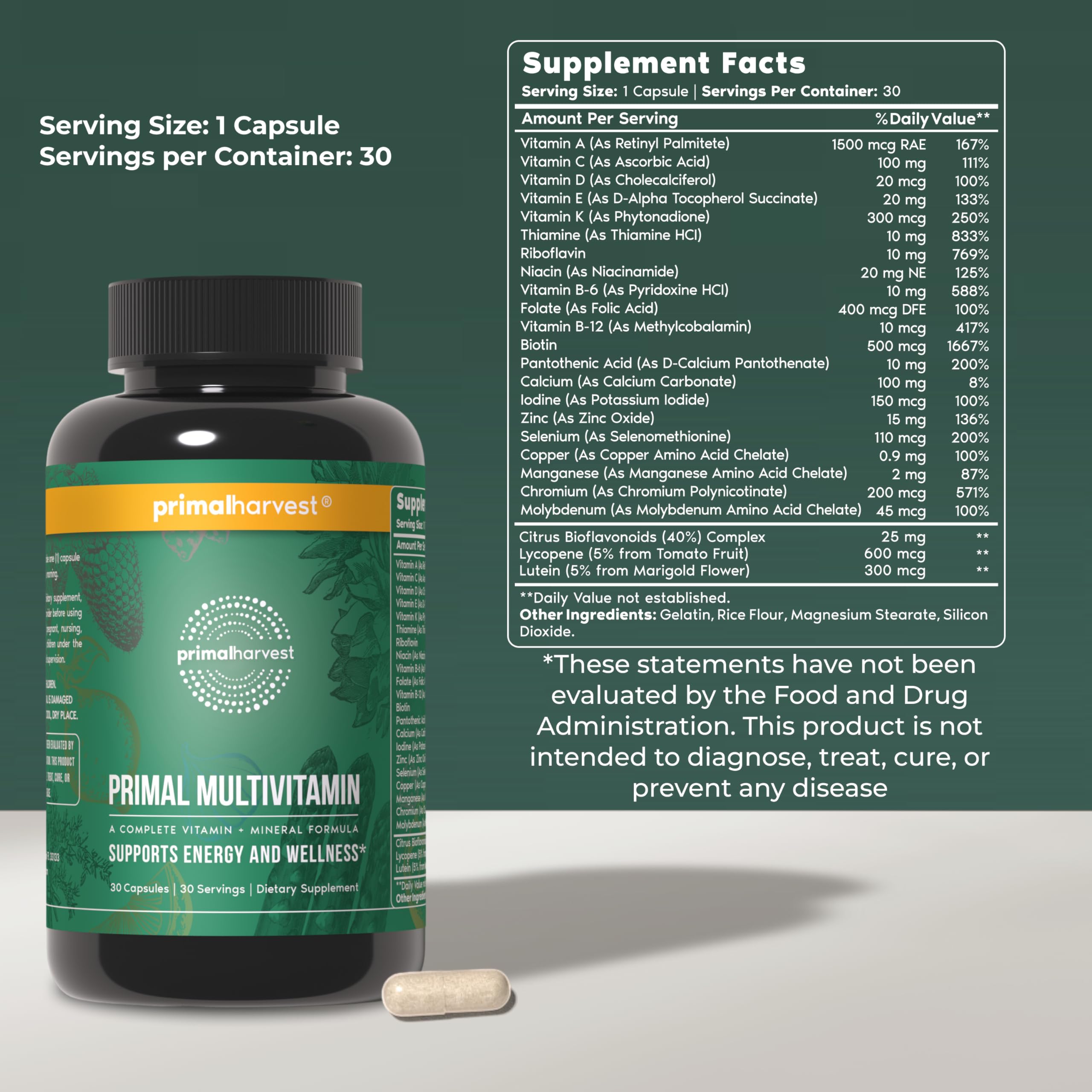 Primal Harvest daily multivitamin supplement showing 21 essential nutrients list