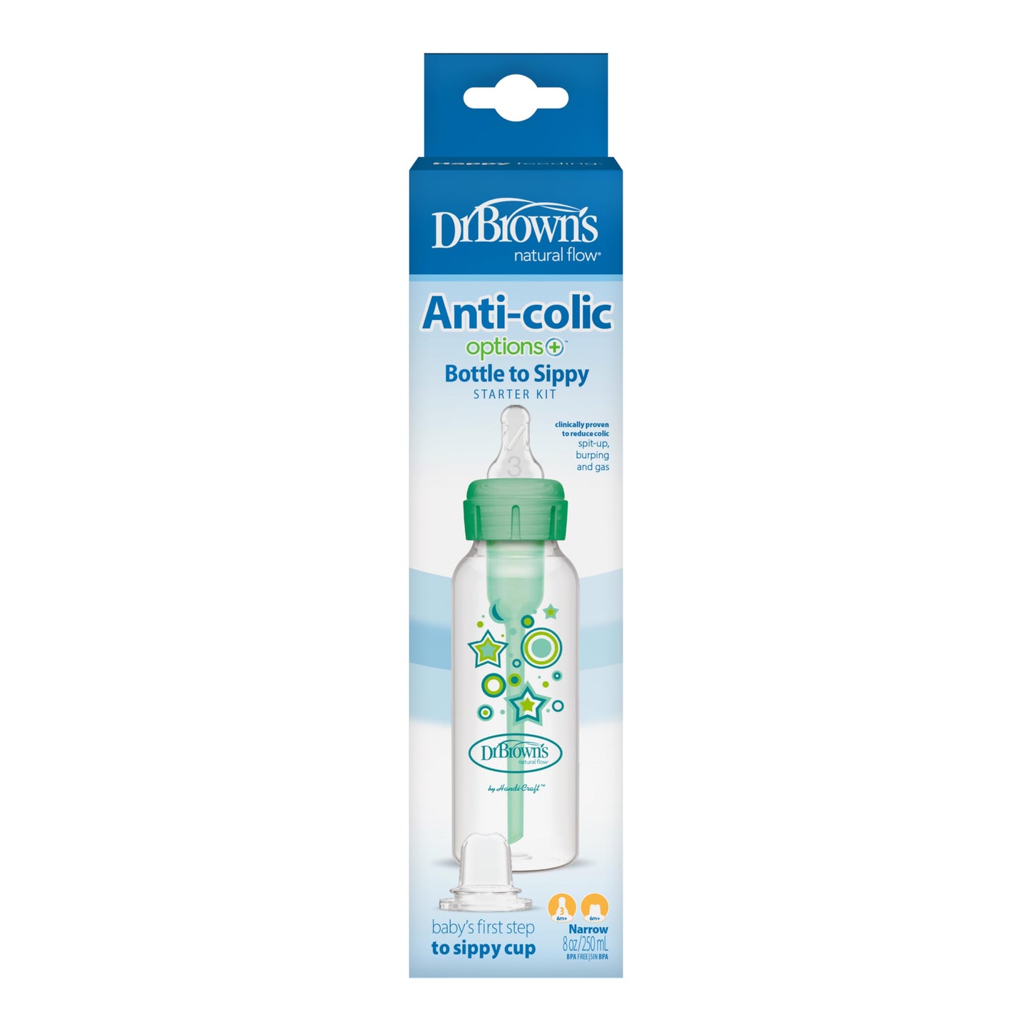 Dr. Brown's narrow bottle with green sippy spout attachment