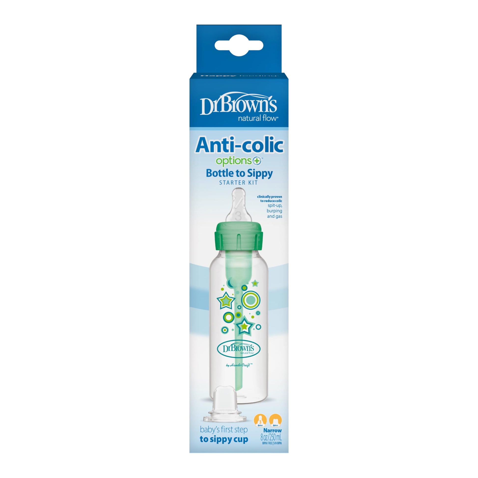 Dr. Brown's narrow bottle with green sippy spout attachment