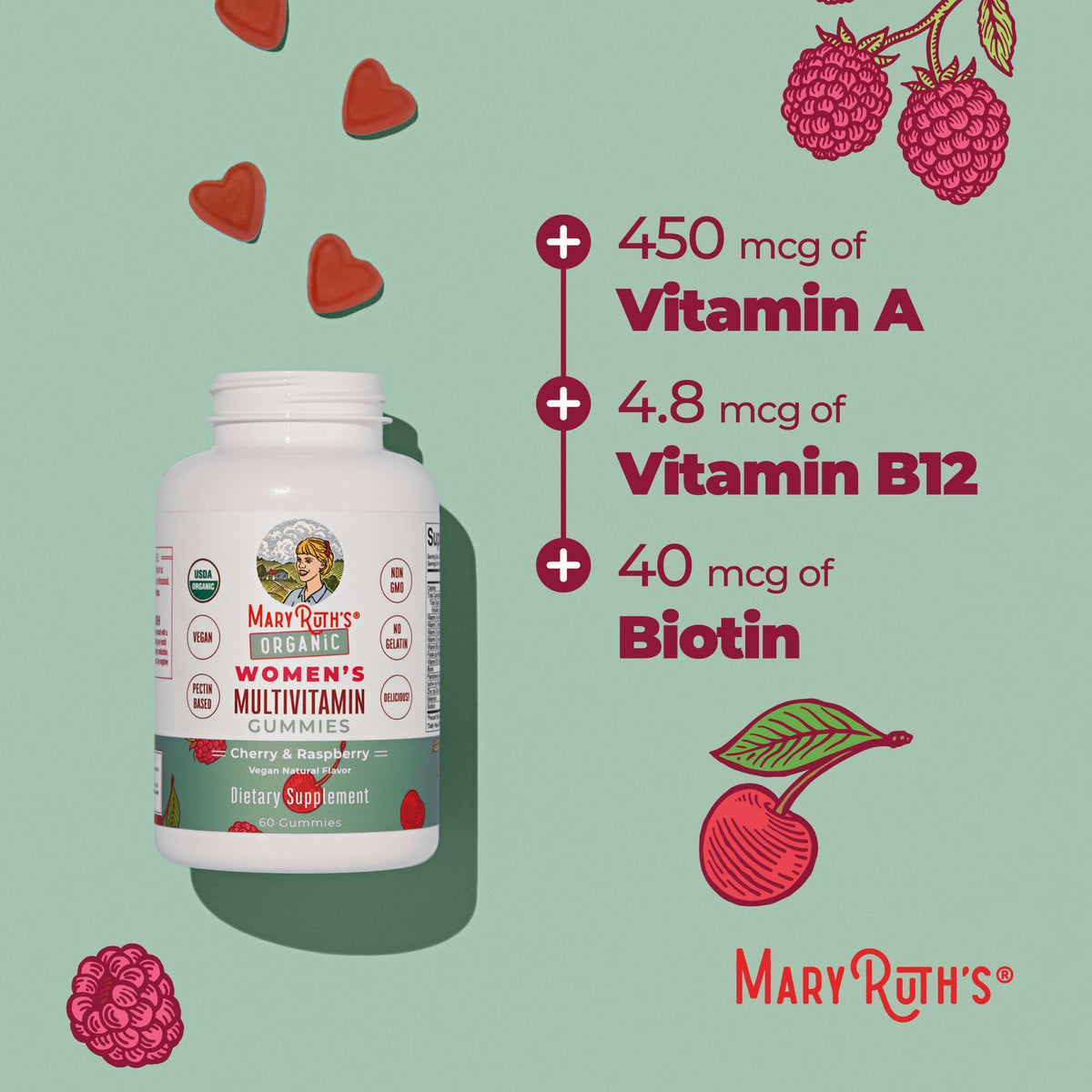 MaryRuth Organics Womens Multivitamin Gummies brand packaging and bottle cap