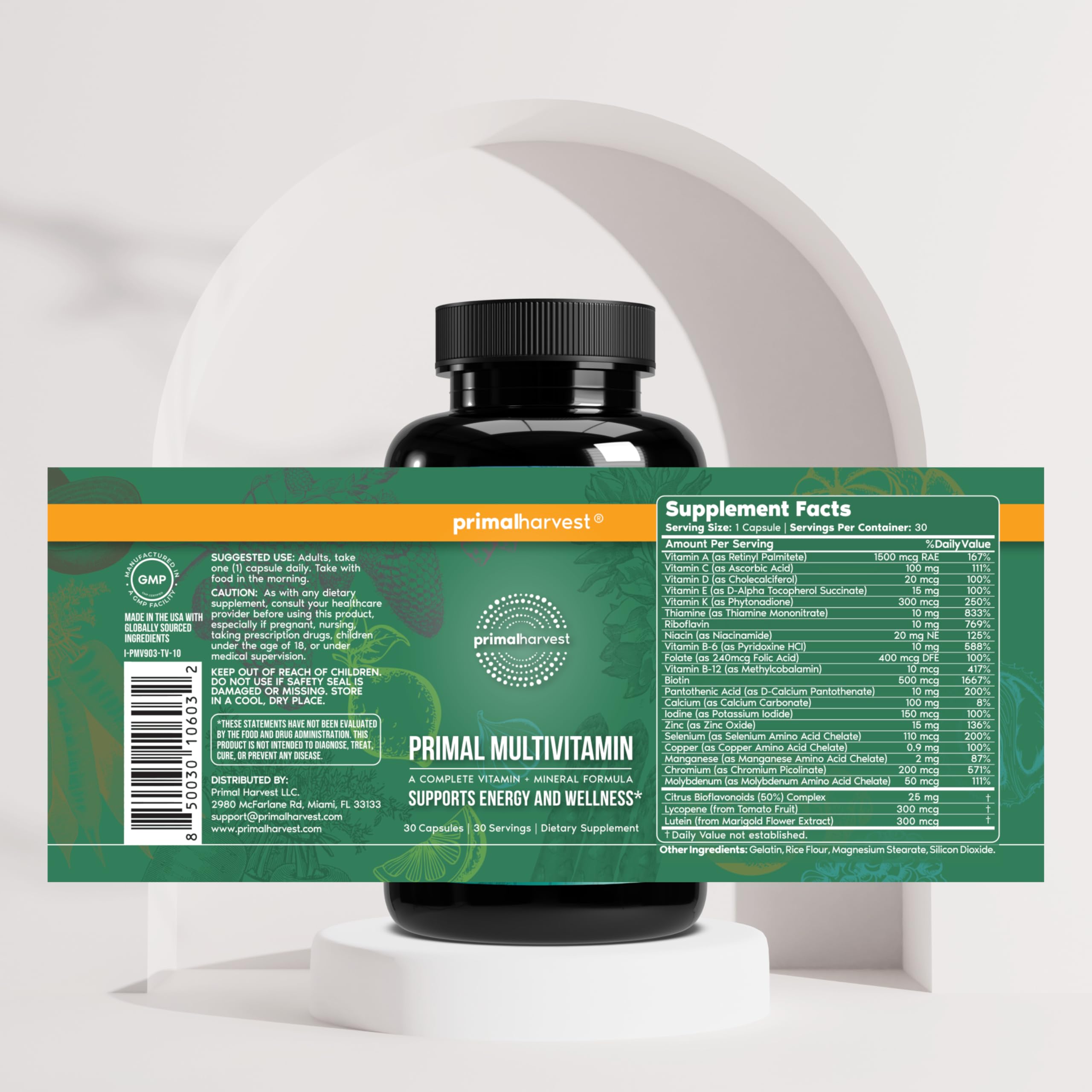 Primal Harvest daily multivitamin gluten free and soy free dietary labels