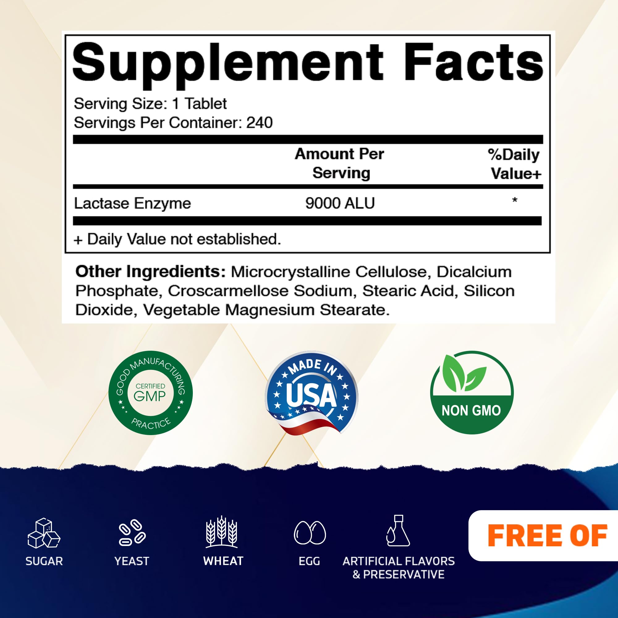 Vitamatic high potency dairy digestion supplement showing 240 tablets packaging information.