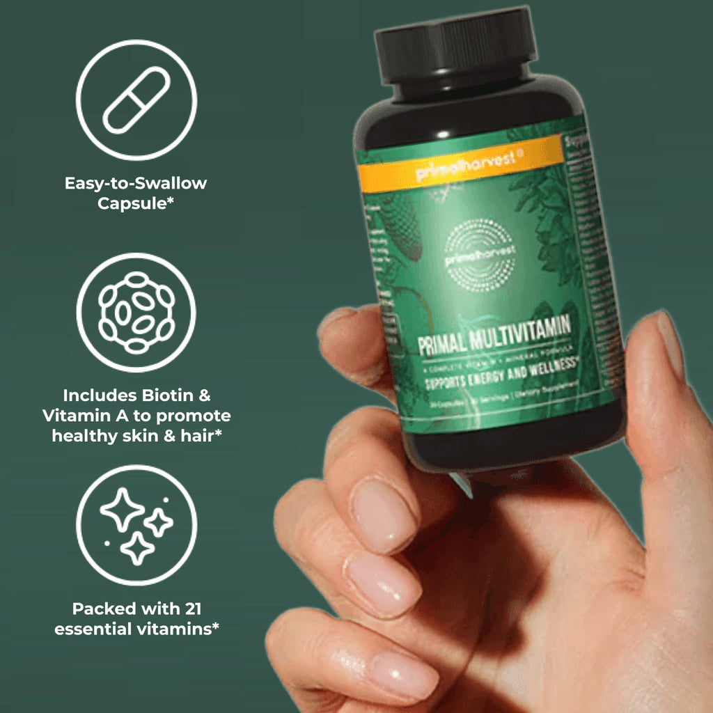 Primal Harvest multivitamin capsule product packaging angle shot