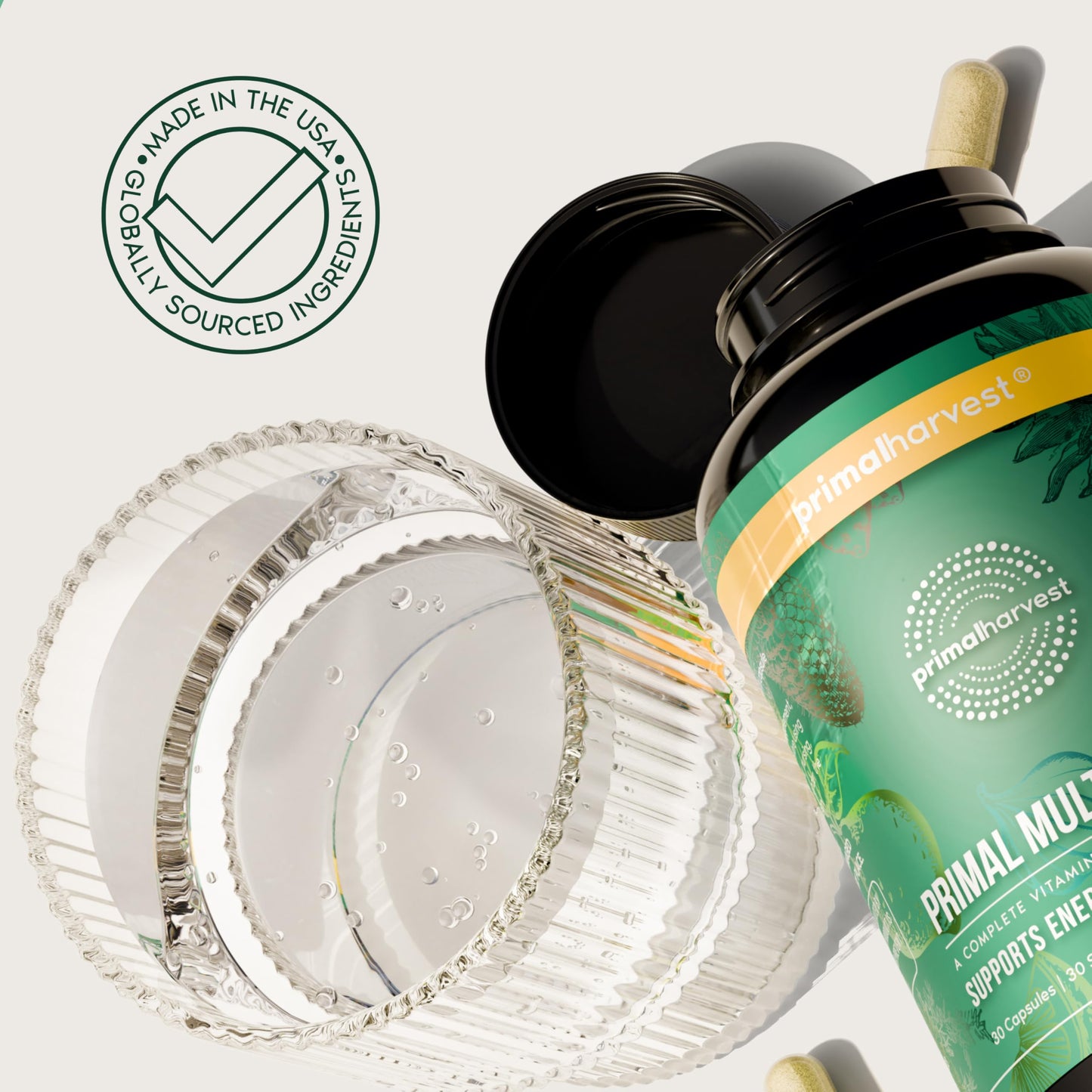 Primal Harvest multivitamin bottle displaying immune and energy support graphics
