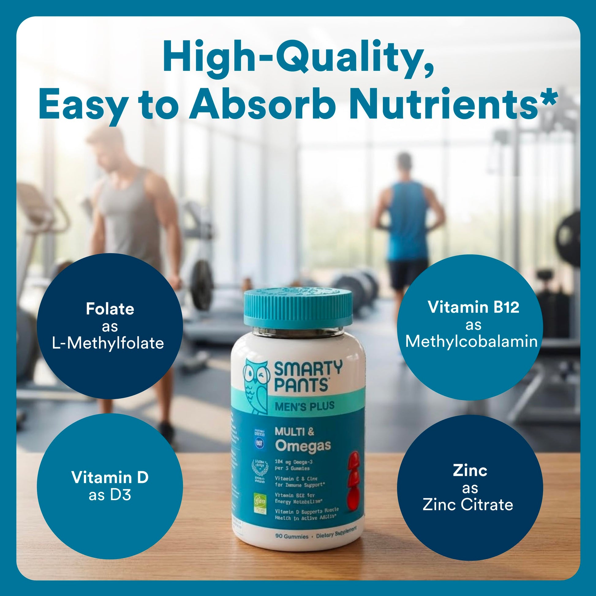 SmartyPants non GMO tested mens health gummy vitamin bottle with omega 3 DHA and EPA details