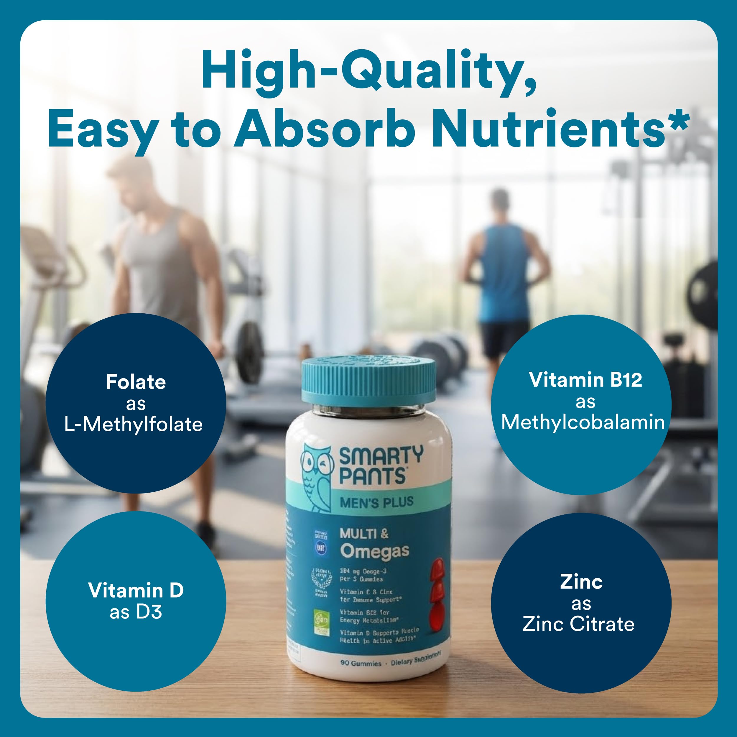 SmartyPants non GMO tested mens health gummy vitamin bottle with omega 3 DHA and EPA details