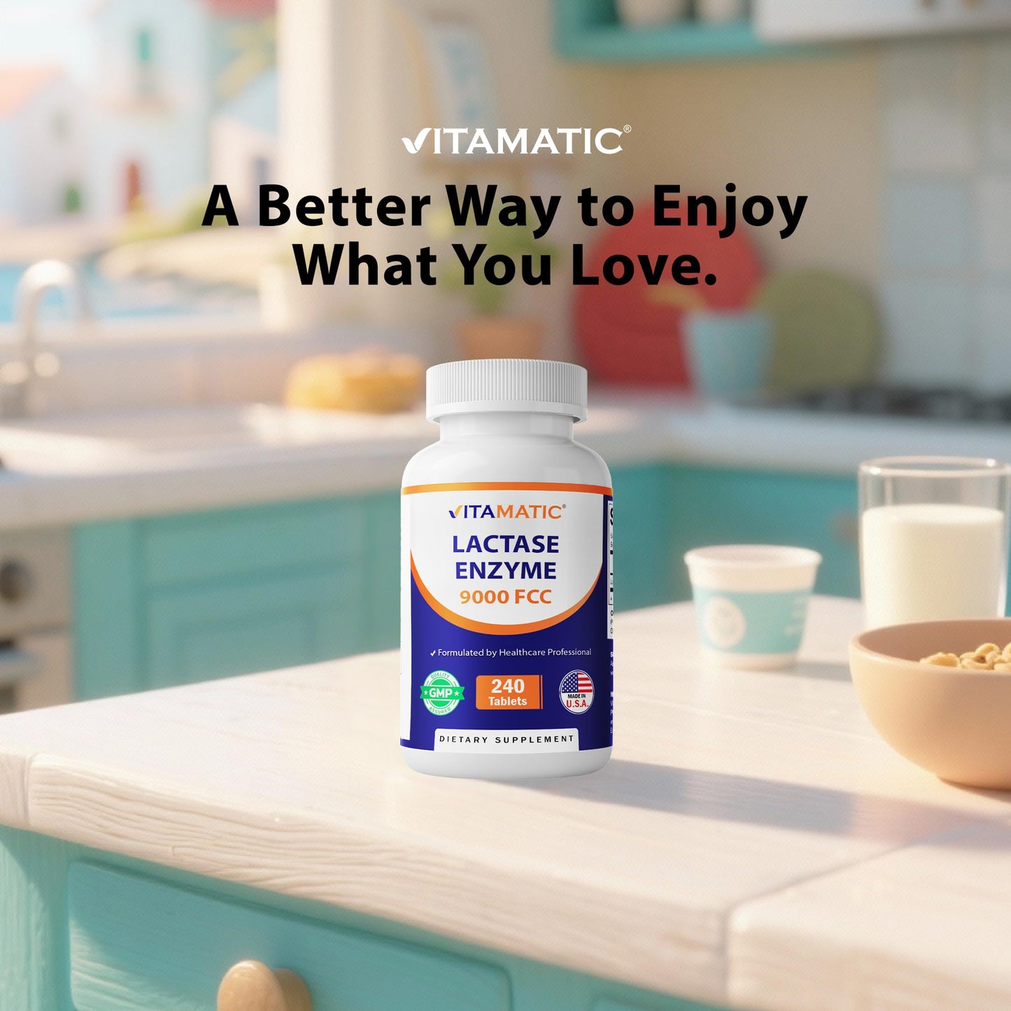 Authentic Vitamatic lactose sensitive support bottle showing good manufacturing practices seal.