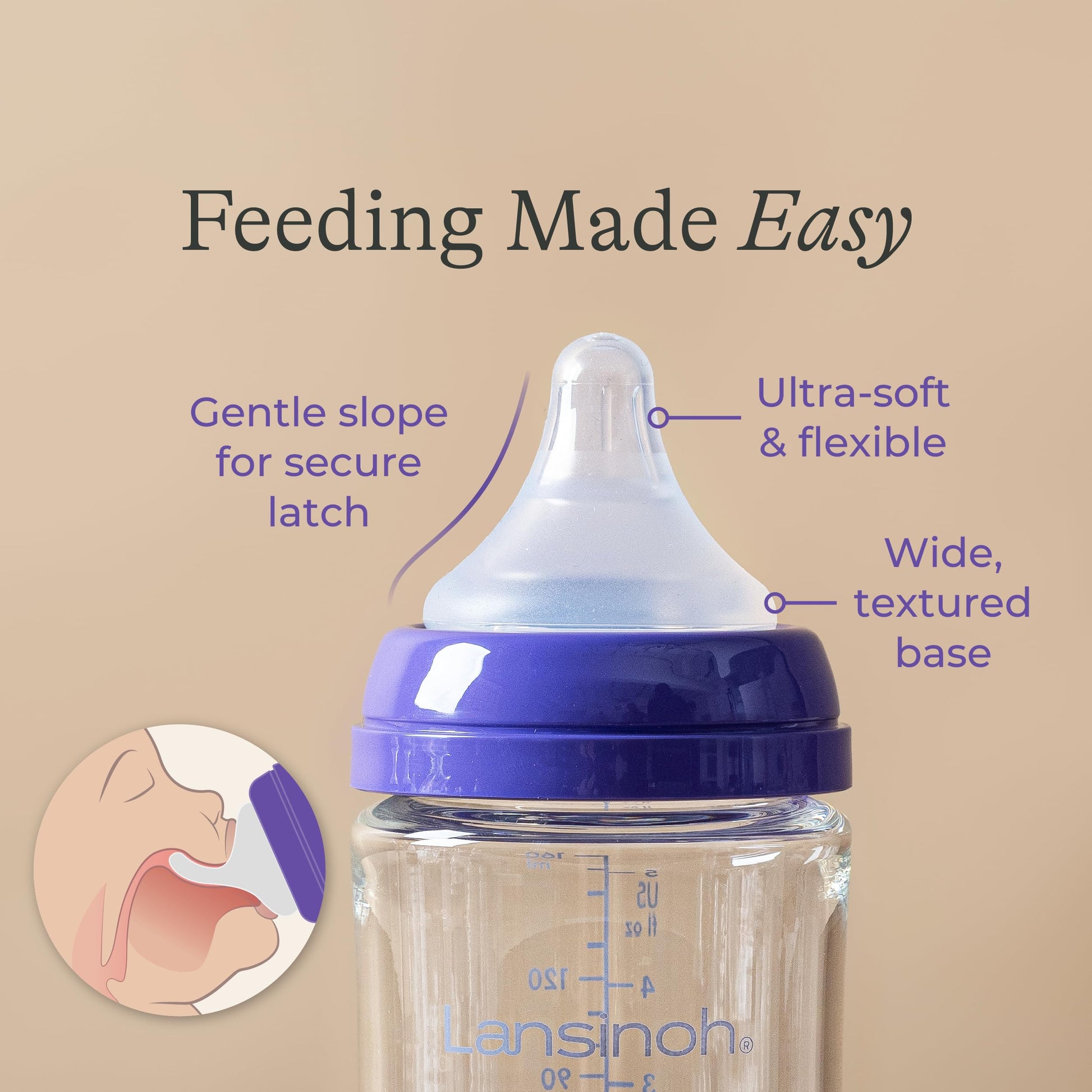 Close up of Lansinoh NaturalWave silicone nipple on glass bottle