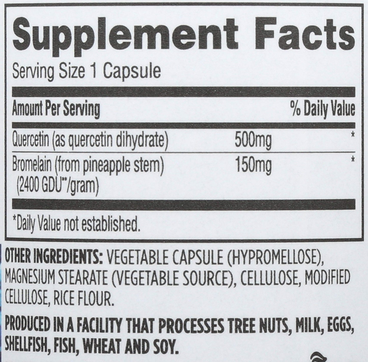 Supplement facts panel of Whole Foods Market Quercetin with Bromelain