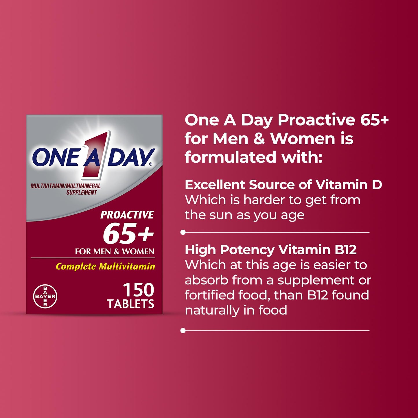 One A Day senior multivitamin without Vitamin K supplement facts label close up