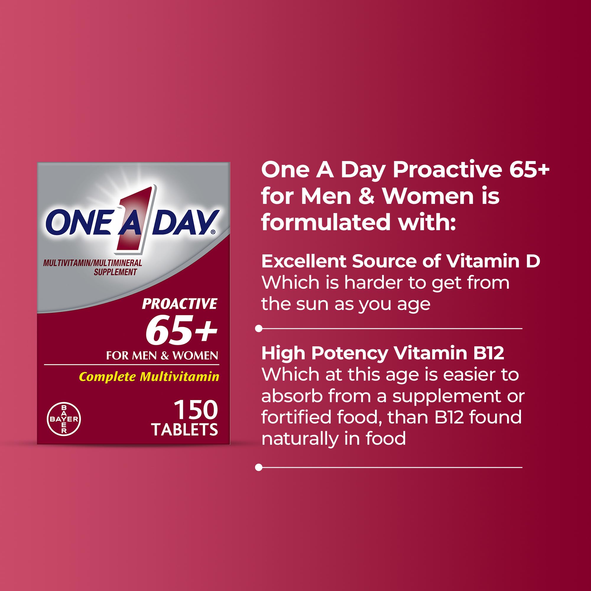 One A Day senior multivitamin without Vitamin K supplement facts label close up
