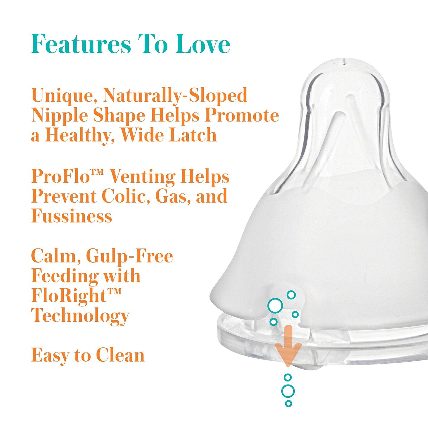 Close up of Evenflo Balance Plus standard neck silicone nipple