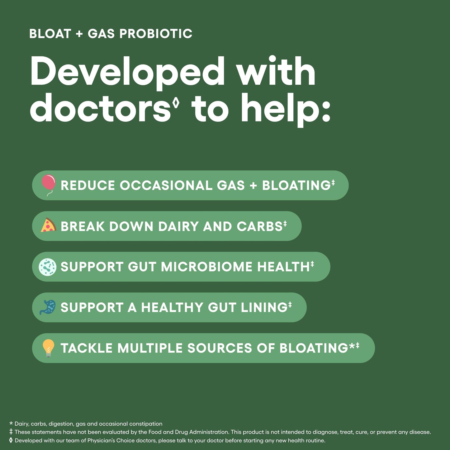 Physician's CHOICE bloating and gas relief capsules showing the premium packaging and product labeling