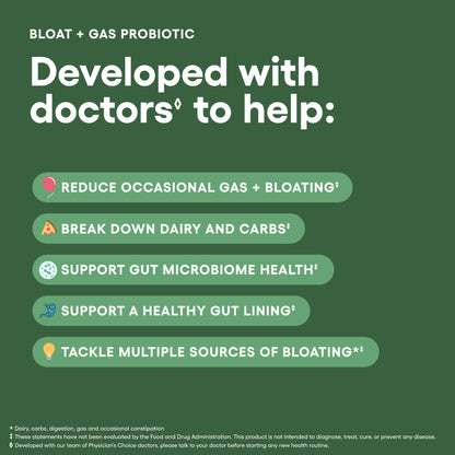 Physician's CHOICE bloating and gas relief capsules showing the premium packaging and product labeling