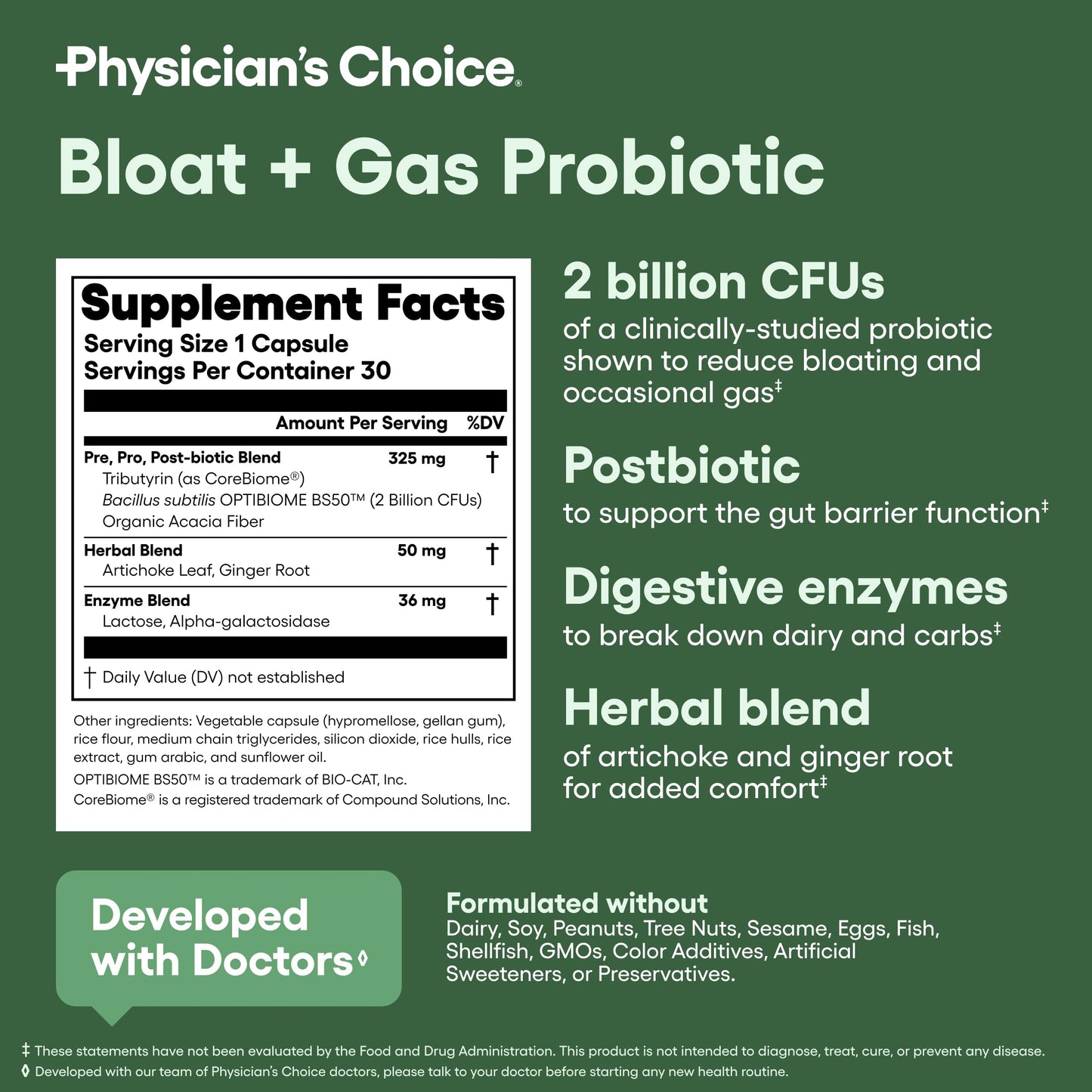 Physician's CHOICE bloating and flatulence capsule container angled side display