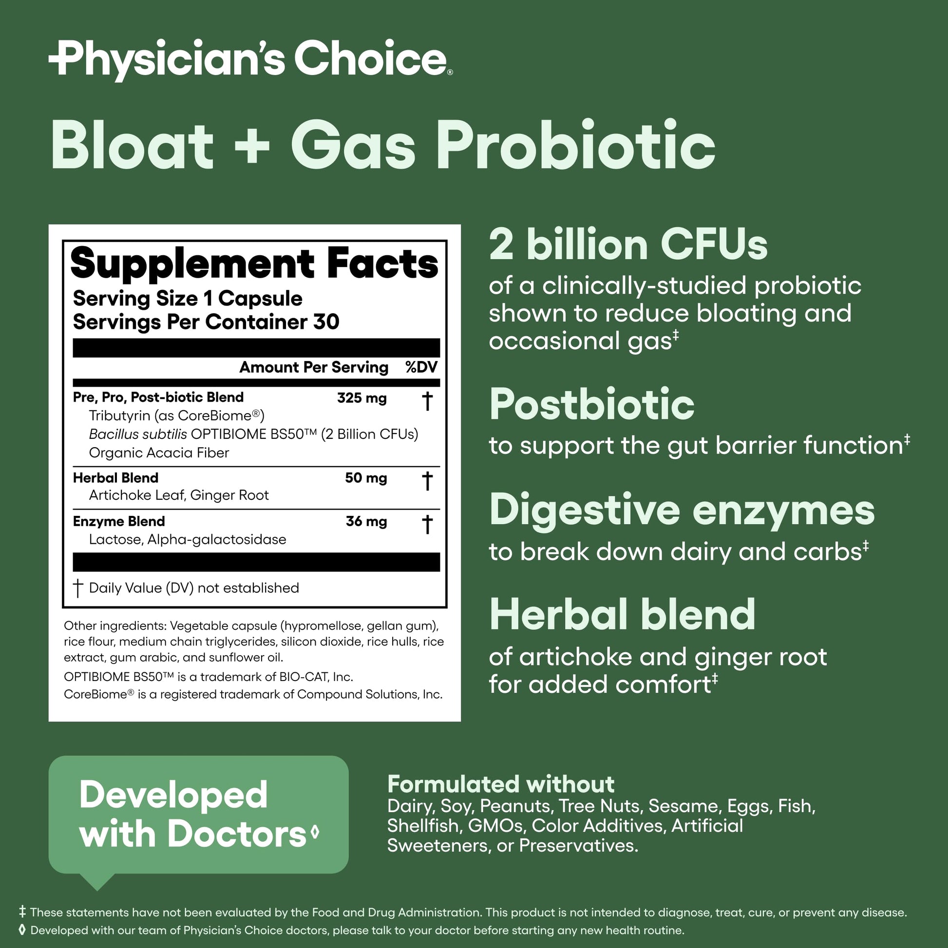 Physician's CHOICE bloating and flatulence capsule container angled side display