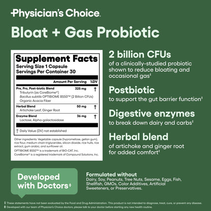 Physician's CHOICE bloating and flatulence capsule container angled side display