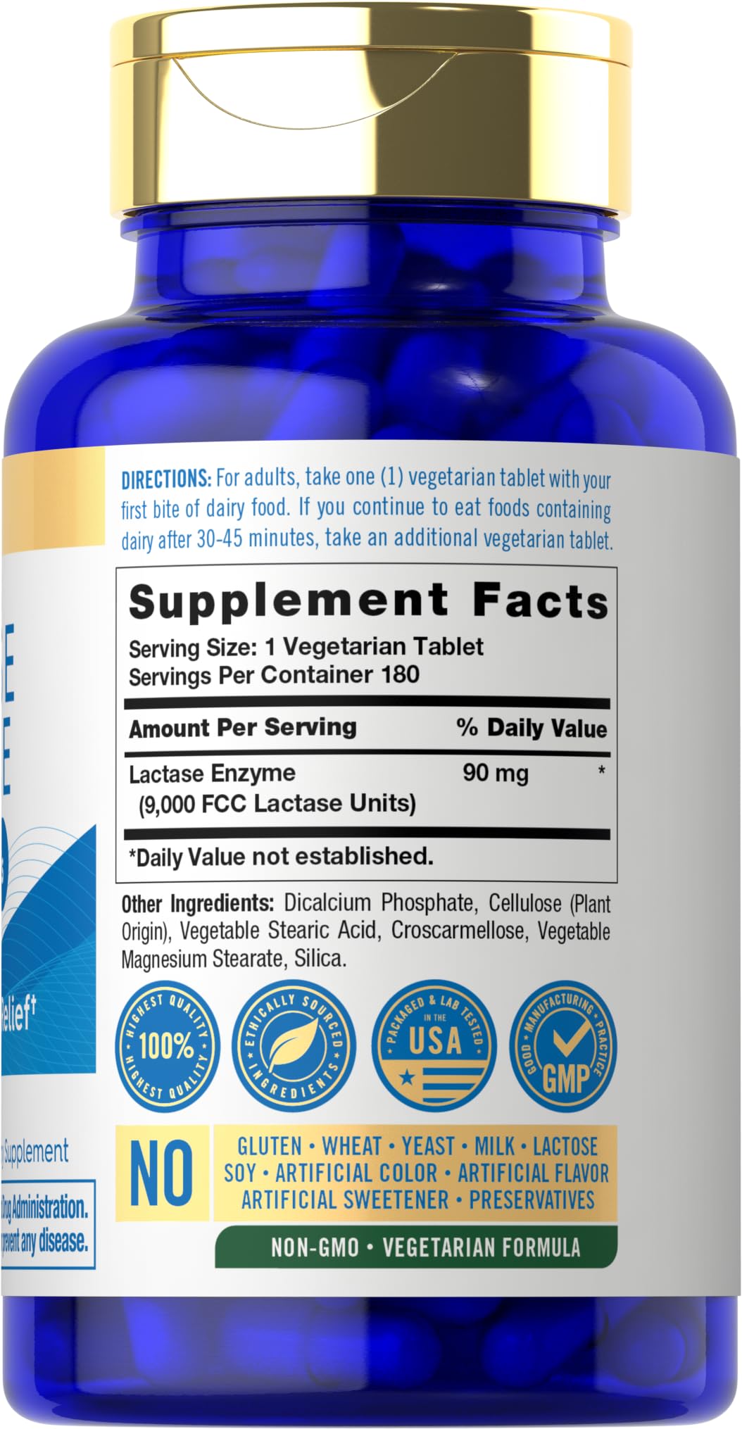 Carlyle fast acting lactase enzyme 9000 FCC units side panel showing supplement facts