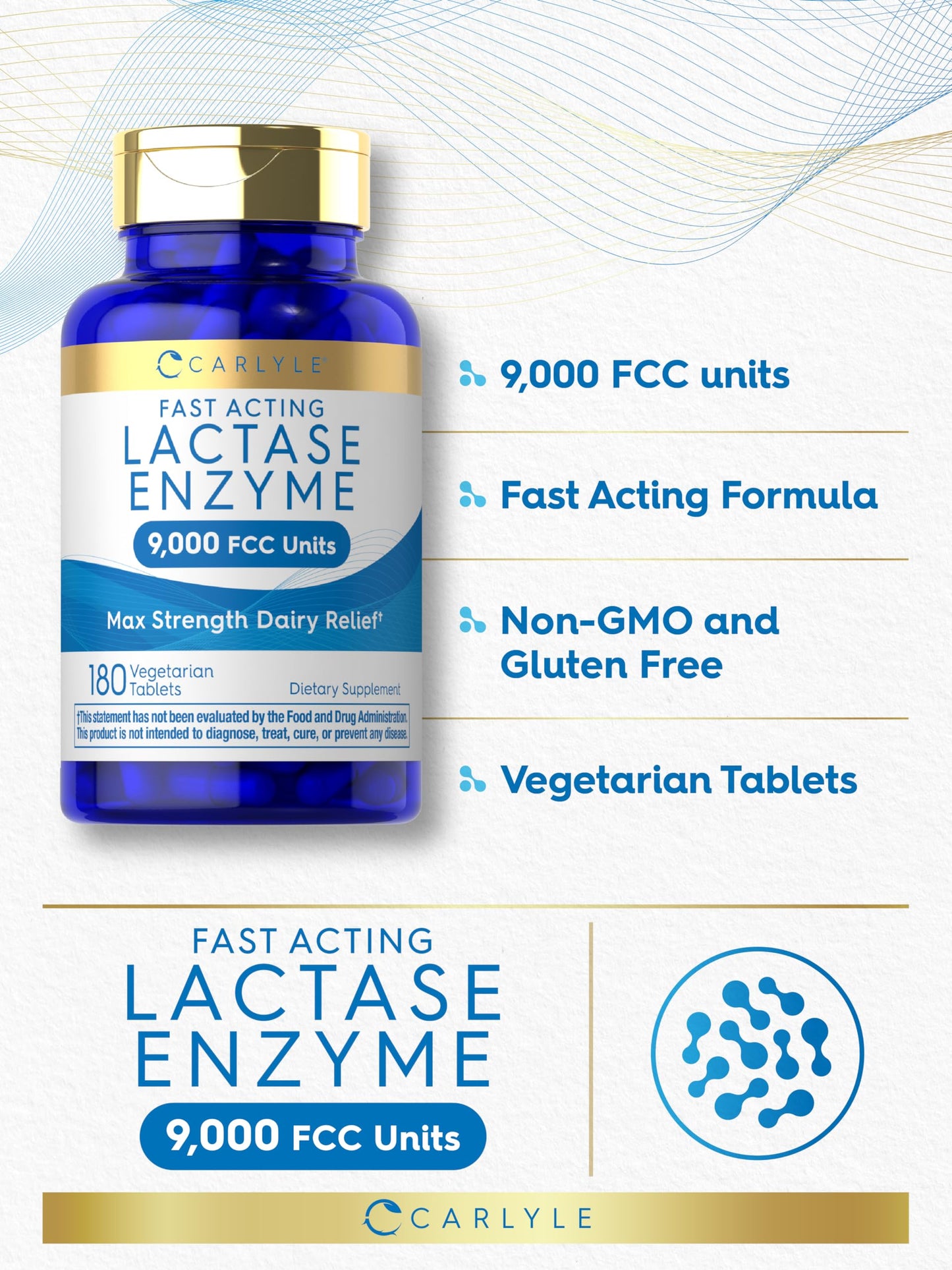 Carlyle lactase enzyme 180 capsules container showing directions for use instructions