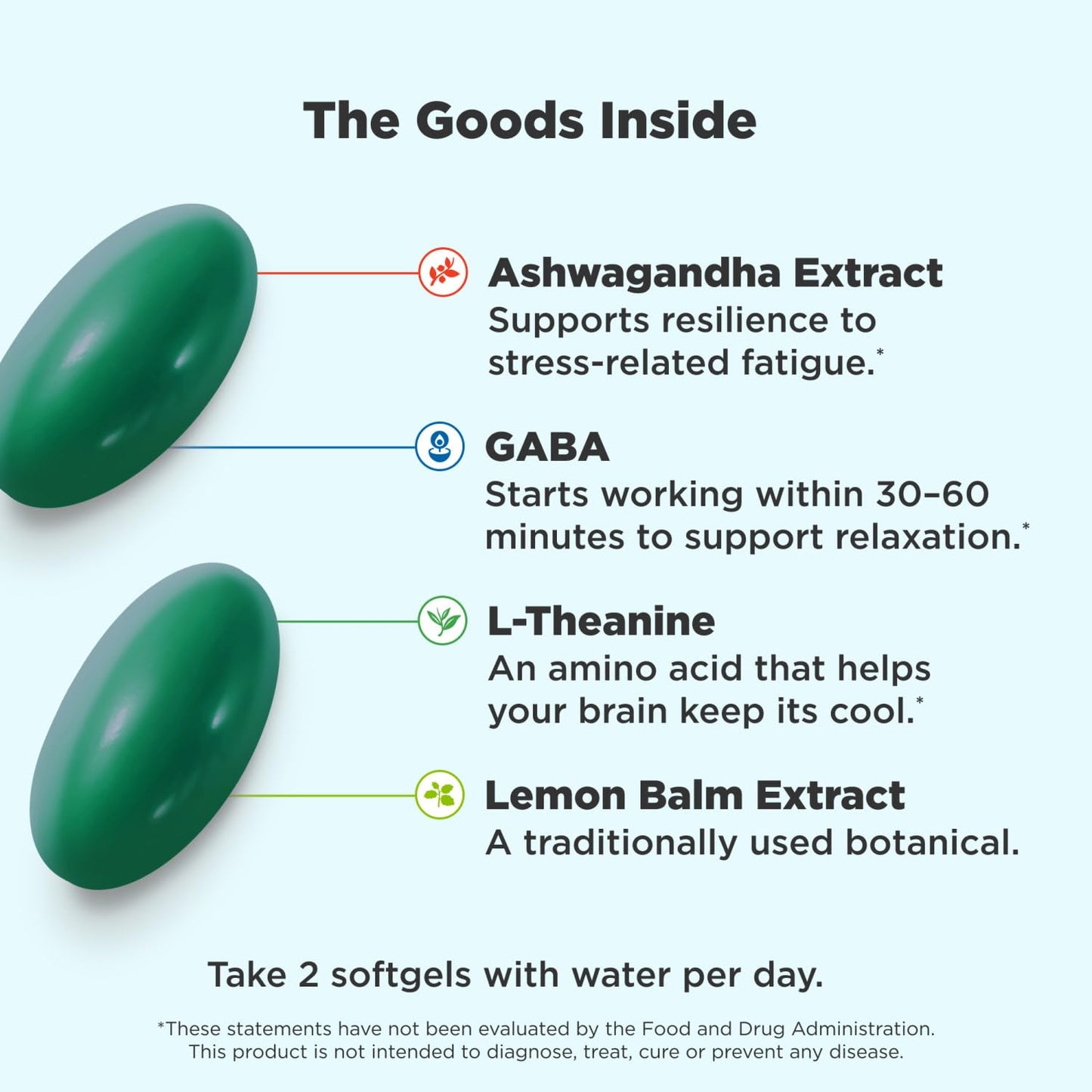 OLLY Goodbye Stress 60 count supplement bottle showcasing key ingredients GABA and Ashwagandha