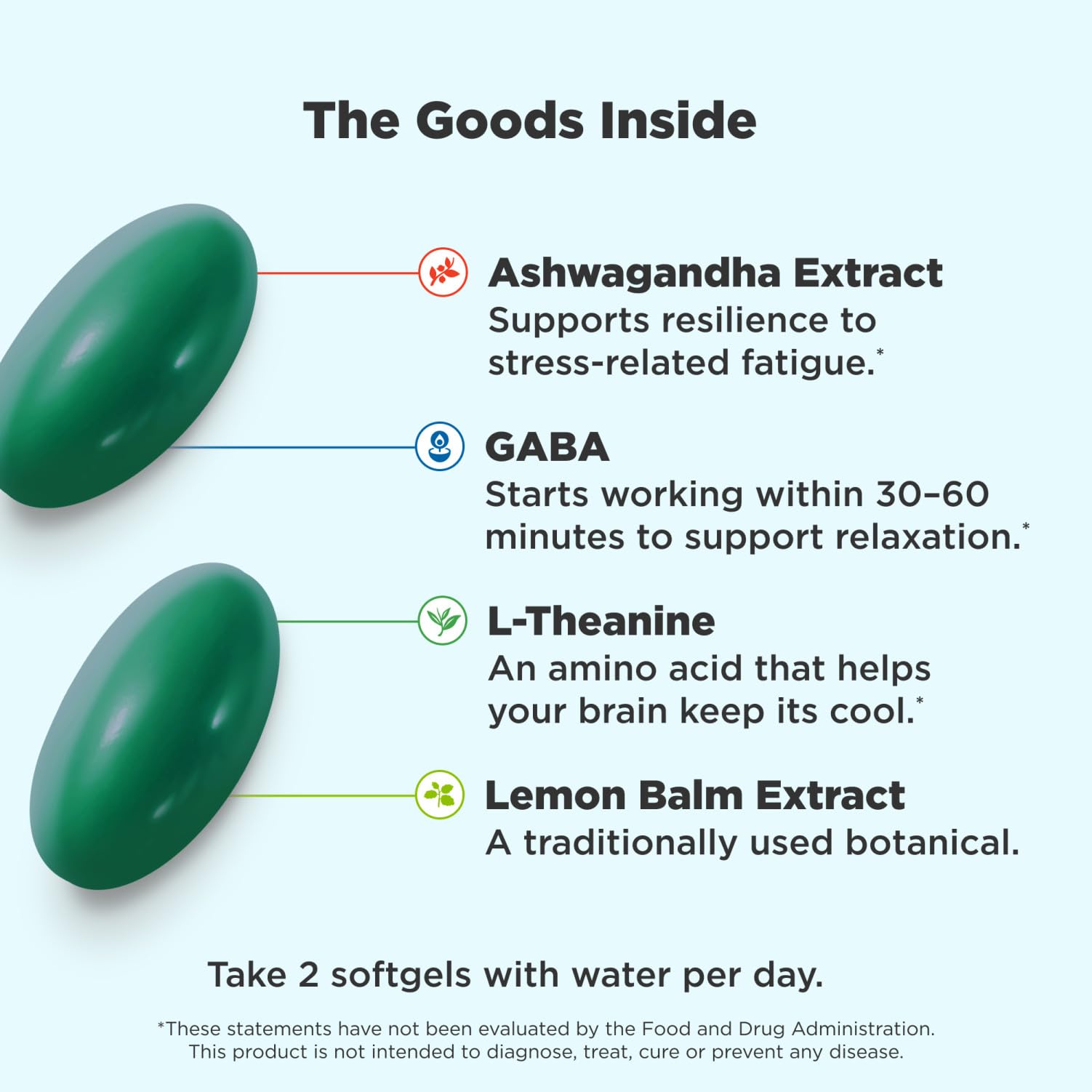 OLLY Goodbye Stress 60 count supplement bottle showcasing key ingredients GABA and Ashwagandha