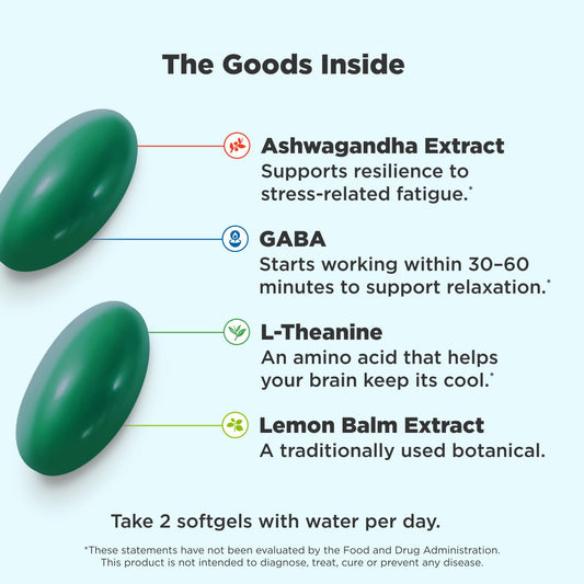 OLLY Goodbye Stress 60 count supplement bottle showcasing key ingredients GABA and Ashwagandha