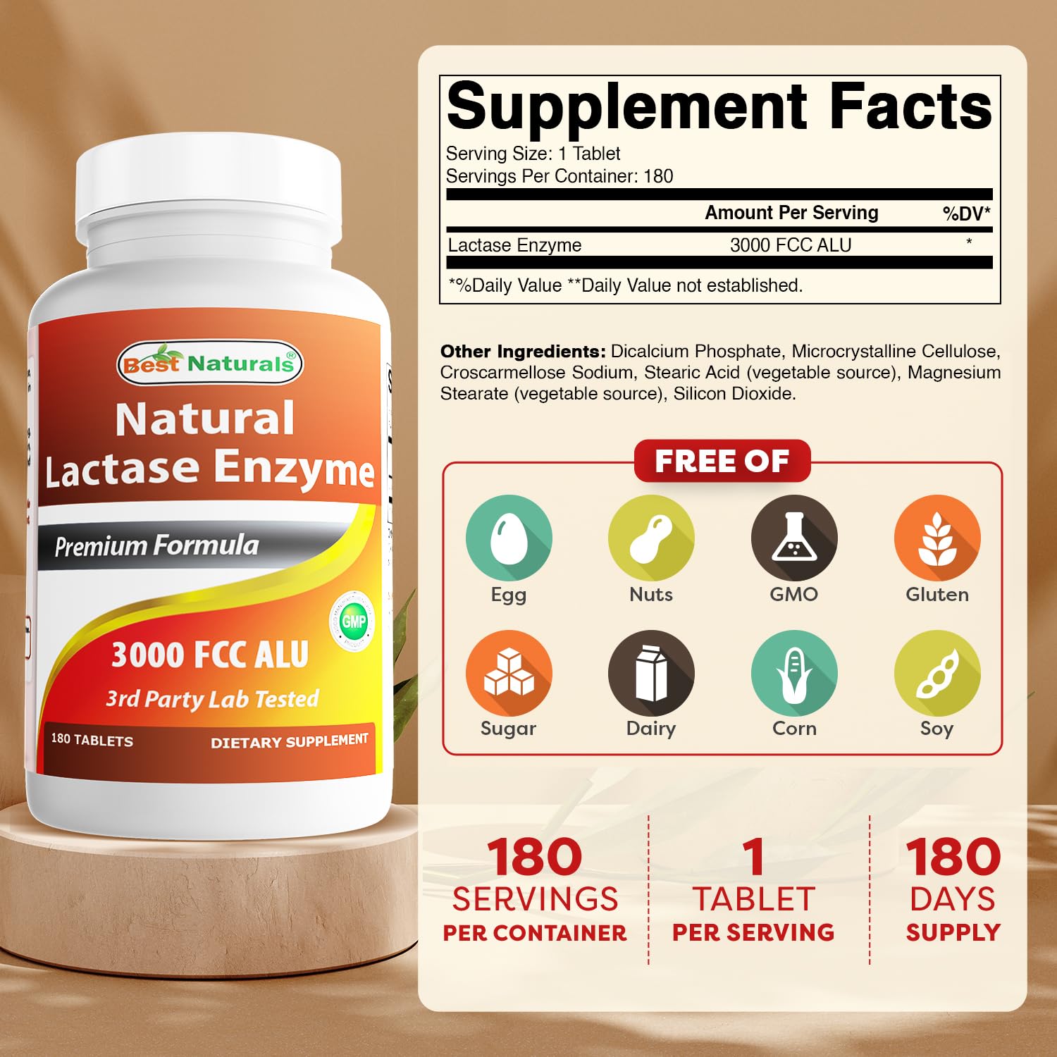 Best Naturals lactose intolerance relief tablets showing supplement facts and 3000 FCC ALU potency.