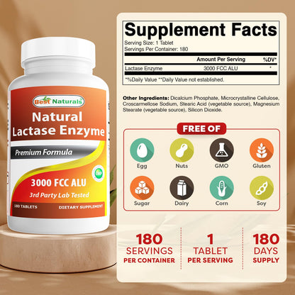 Best Naturals lactose intolerance relief tablets showing supplement facts and 3000 FCC ALU potency.