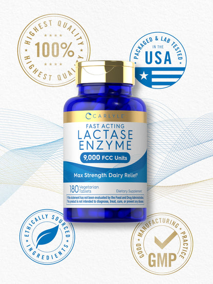 Carlyle lactase enzyme 9000 FCC capsules packaging showing clear batch details