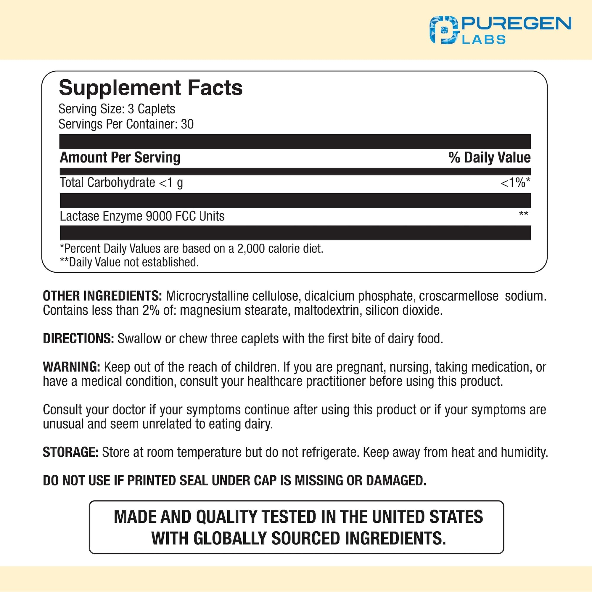 Puregen Labs Lactose Intolerance Pills original strength supplement label detailing three thousand FCC units