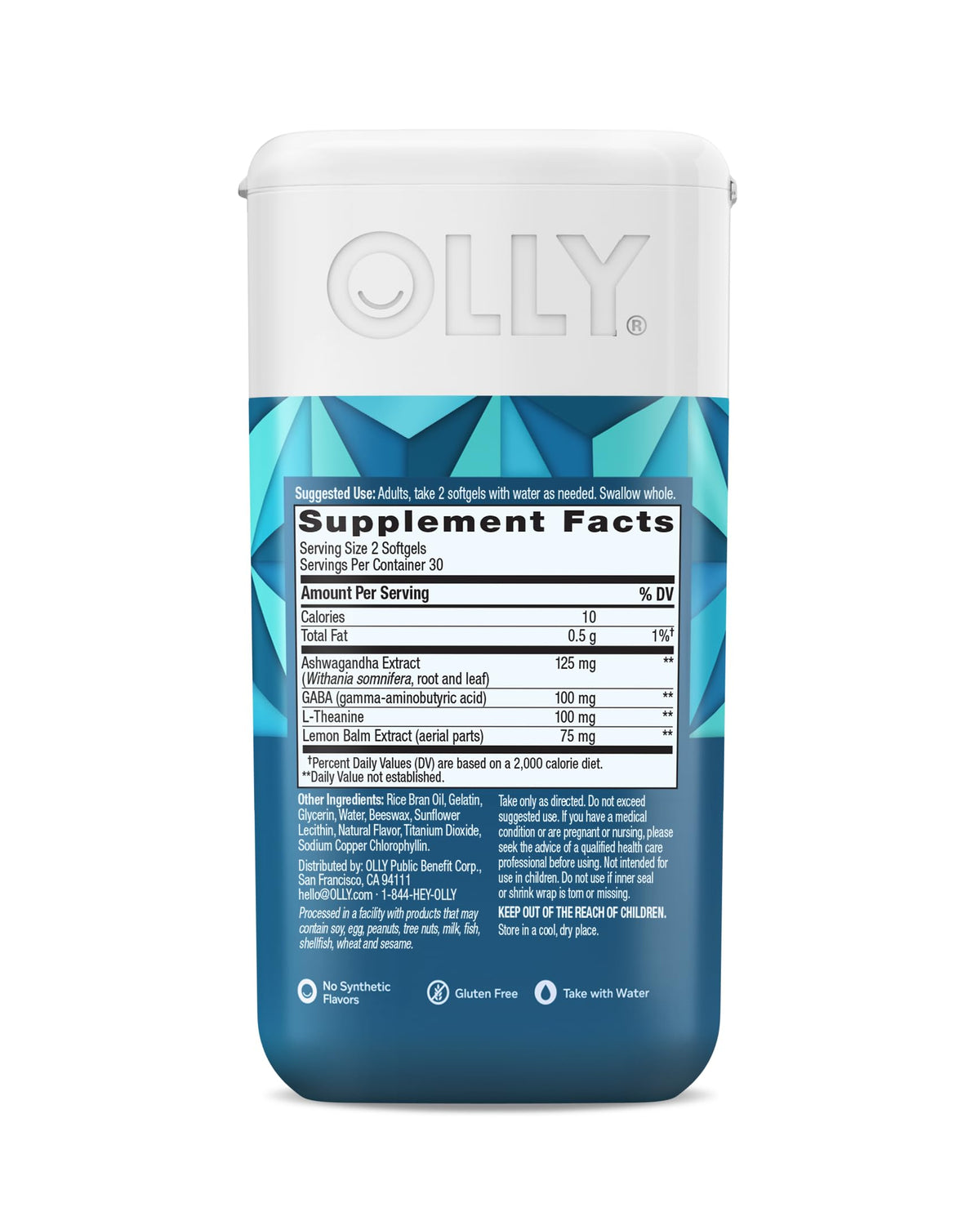 Side view of Olly softgels container with dosage instructions