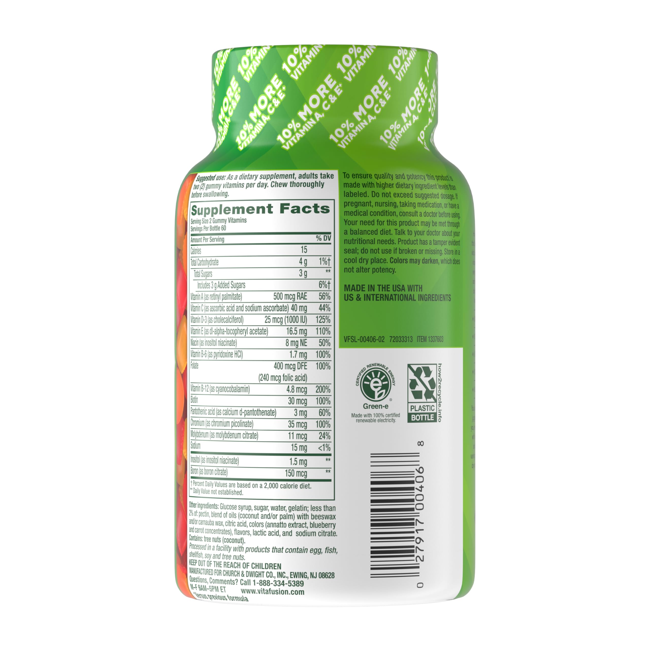 Vitafusion imported adult dietary gummies showing nutritional facts labels