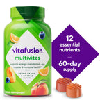 Vitafusion MultiVites supplement bottle next to fresh fruit