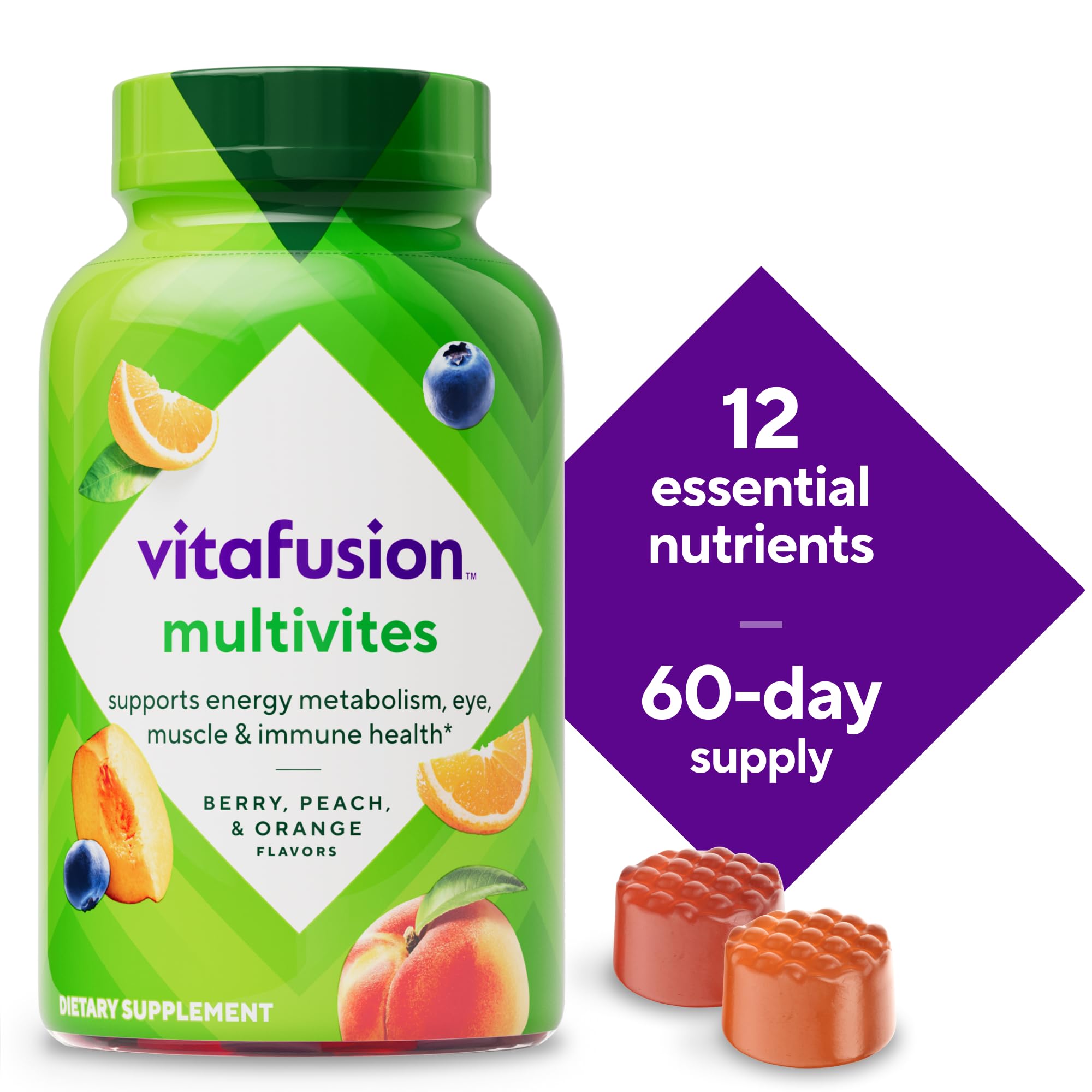 Vitafusion berry peach orange assorted adult multivitamin gummies clear packaging