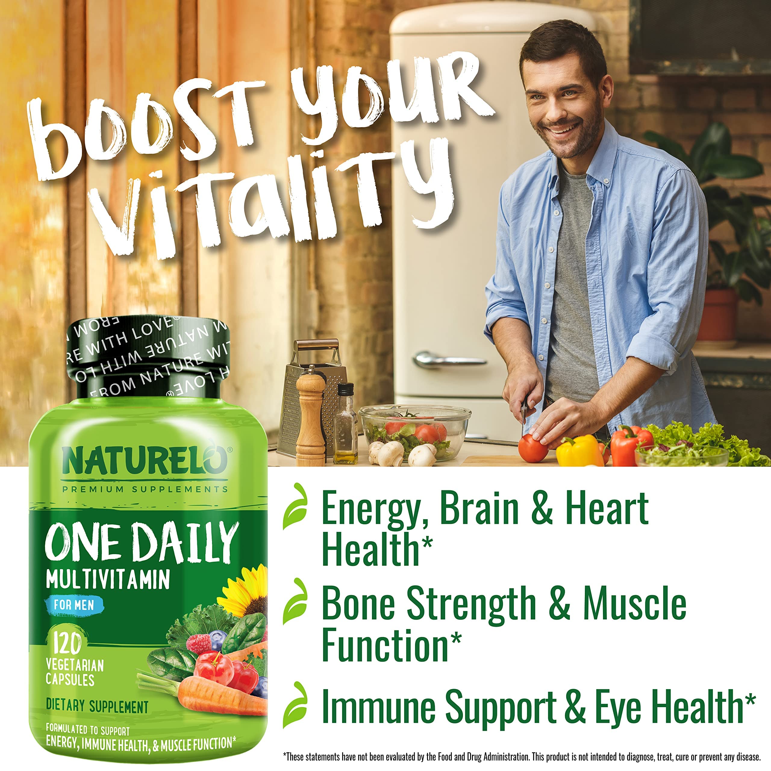 NATURELO plant based whole food multivitamin for men supplement facts and ingredient label close up