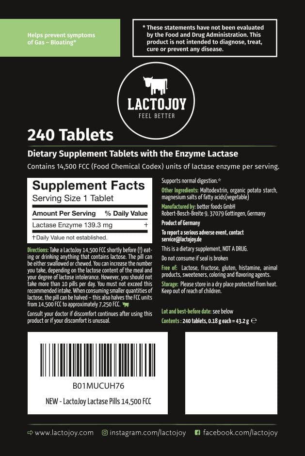 LactoJoy ultra pure lactase enzyme tablets refill bag showing packaging details