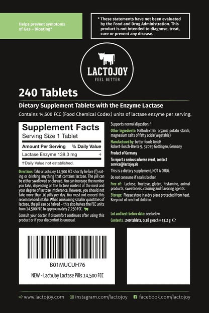 LactoJoy ultra pure lactase enzyme tablets refill bag showing packaging details