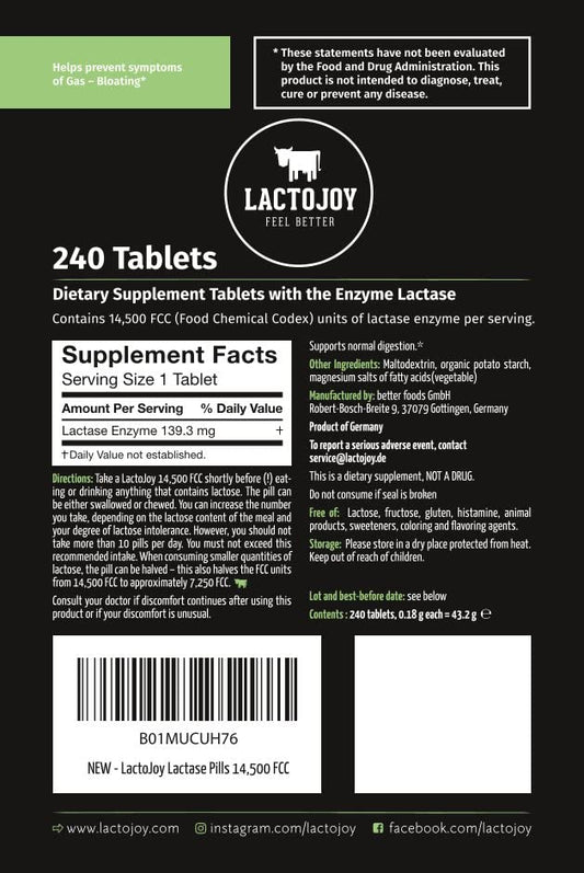 LactoJoy ultra pure lactase enzyme tablets refill bag showing packaging details