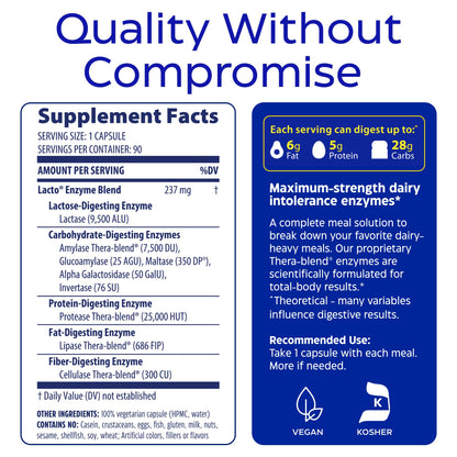 Enzymedica Lacto packaging details emphasizing dairy protein casein and sugar lactose digestion benefits