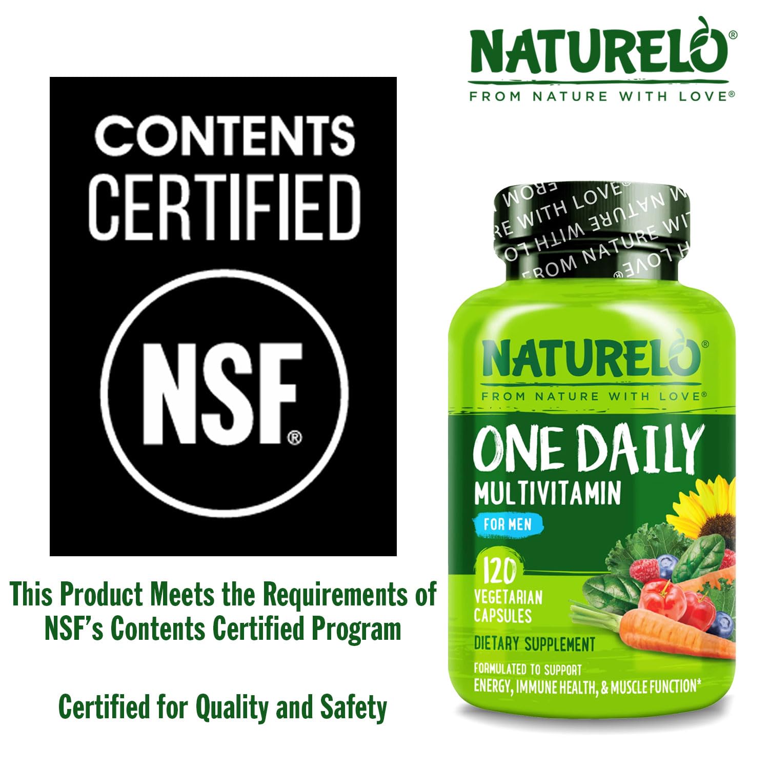 NATURELO non GMO gluten free and soy free certification seals on bottle side