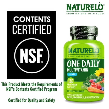 NATURELO non GMO gluten free and soy free certification seals on bottle side