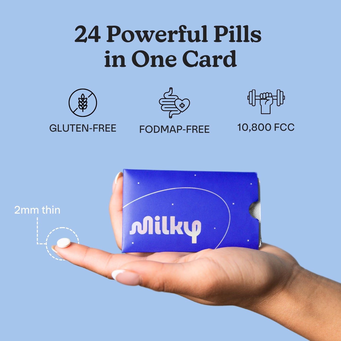 Milky 10800 FCC lactose relief pills wallet friendly packaging close up shot