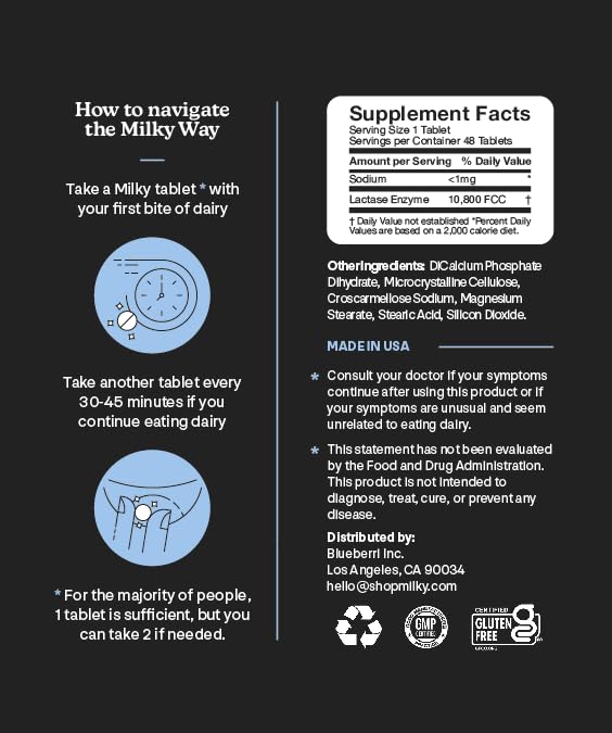 Milky fast acting lactose intolerance pills vegan and gluten free badges view