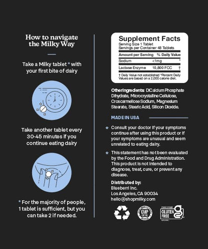 Milky fast acting lactose intolerance pills vegan and gluten free badges view