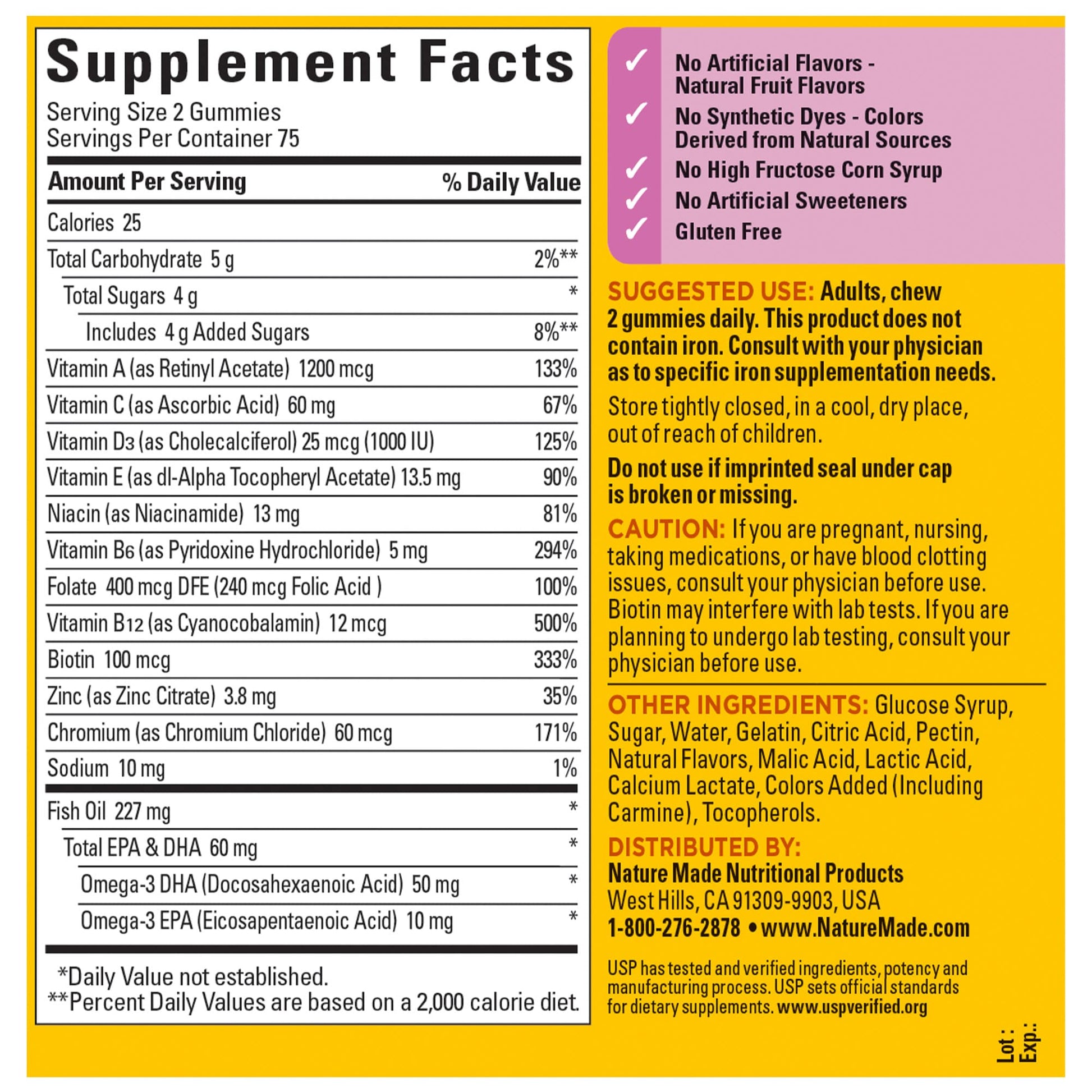 USP verified seal on Nature Made womens multivitamin dietary supplement bottle