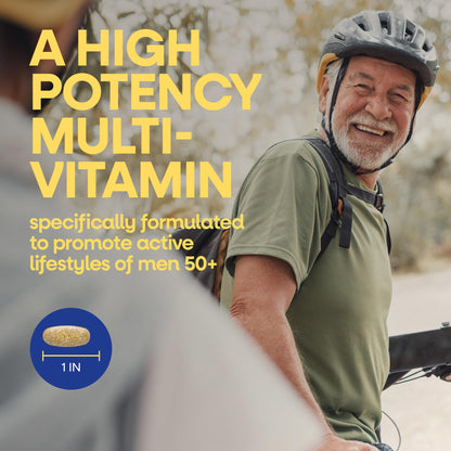 Nature's Way Alive Men's 50 Plus Daily Ultra Multivitamin supplement facts panel highlighting active ingredients.