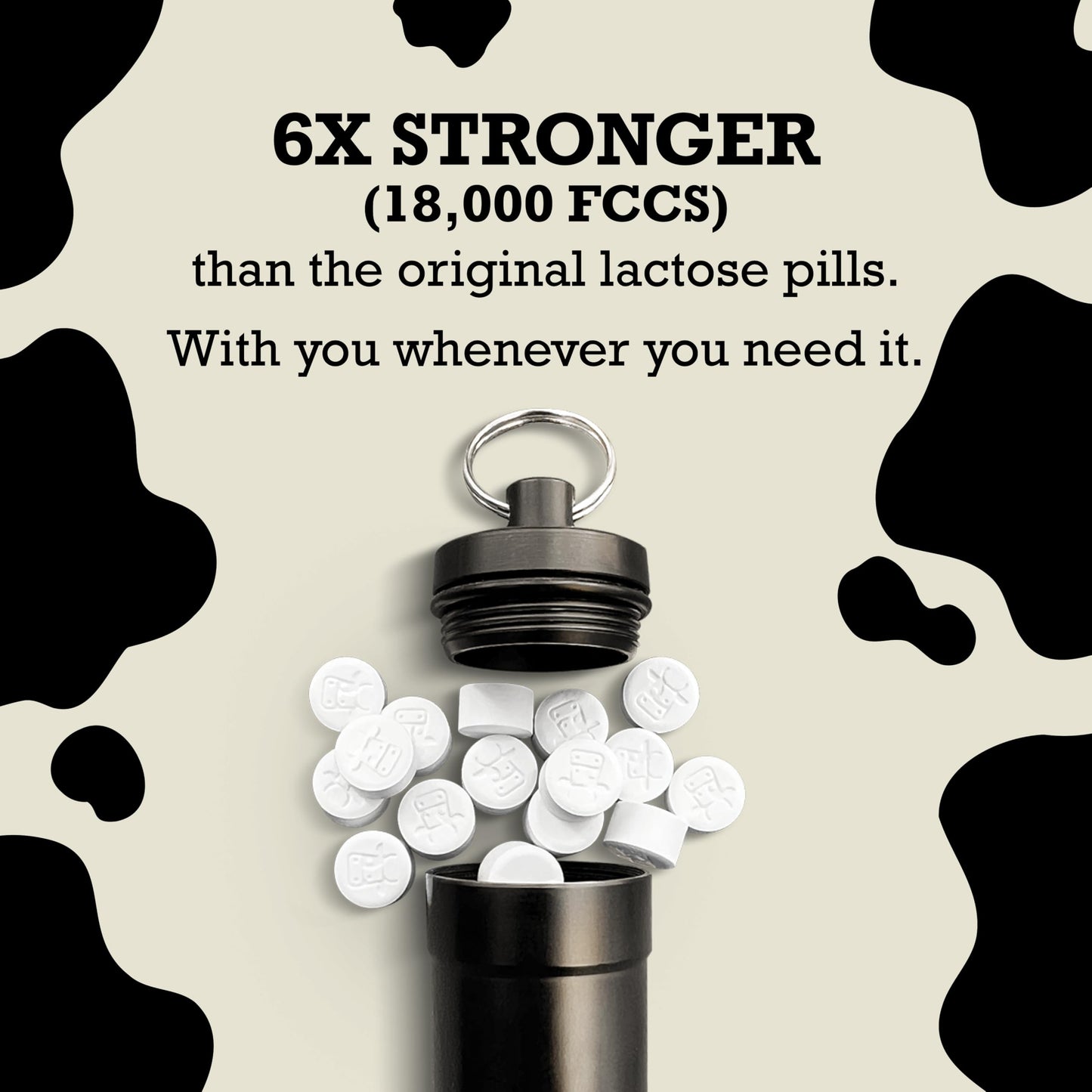 Back of packaging showing single active lactase enzyme ingredient and high potency dosage
